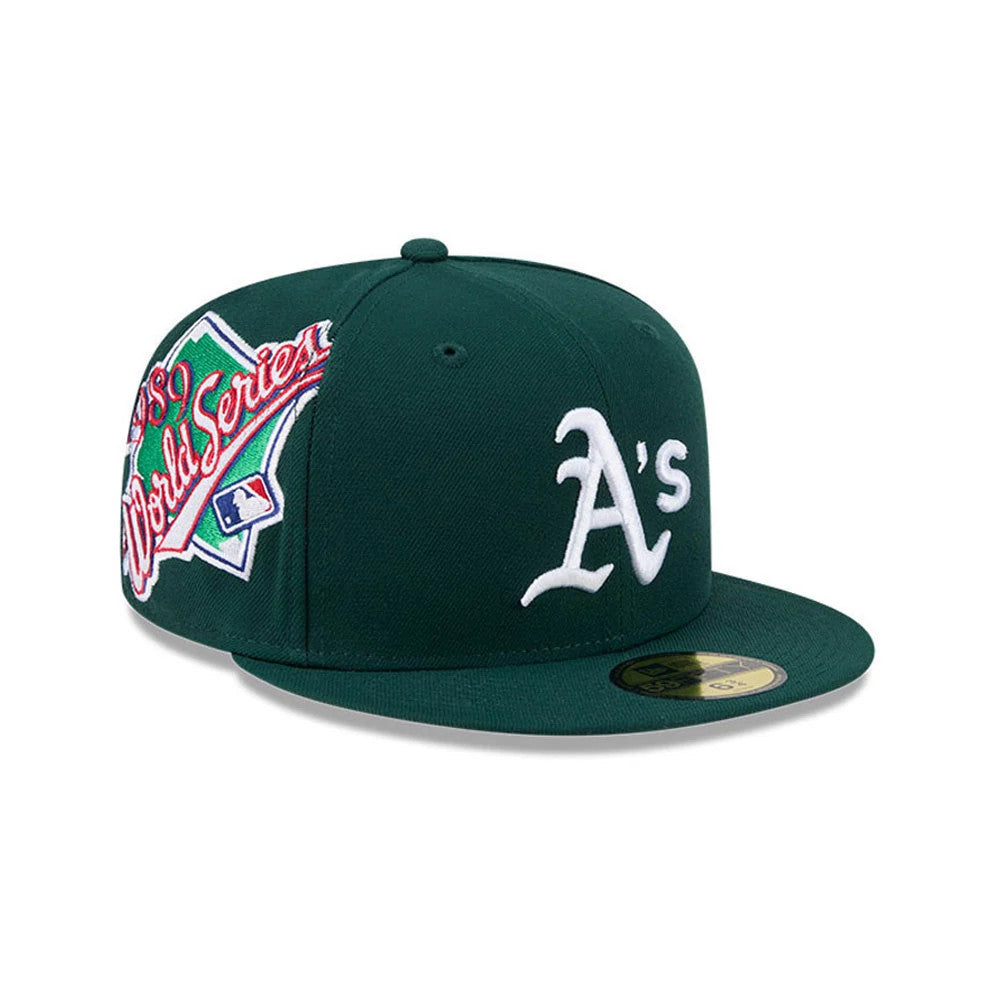 Athletics MLB Hidden Hit Dark Green New Era 59FIFTY Fitted Cap, three-quarter view showing the white embroidered A's logo on the front panel, 1989 World Series side patch, and gold 59FIFTY size sticker on the flat visor.