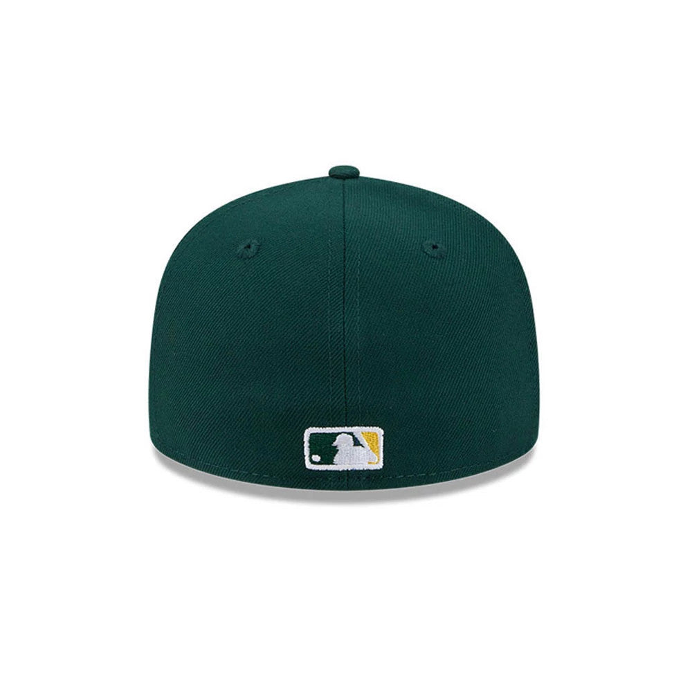 Athletics MLB Hidden Hit Dark Green New Era 59FIFTY Fitted Cap, rear view showing the white embroidered MLB Batterman logo centred on the back panels, beneath two small green embroidered eyelets.