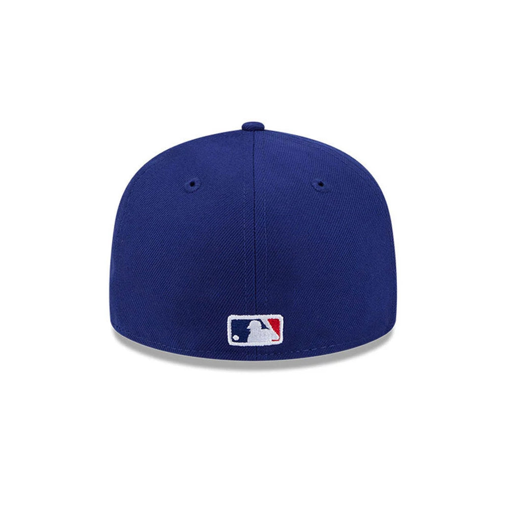 LA Dodgers MLB Hidden Hit Dark Blue New Era 59FIFTY Fitted Cap, rear view showing the white and red embroidered MLB Batterman logo centred on the back dark blue panels and matching top button.