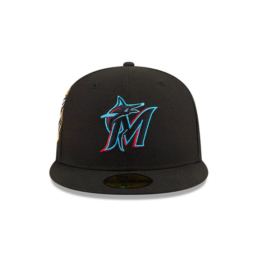 Pictured is this MLB Hidden Hit Miami Marlins 59FIFTY Fitted cap in black. 3