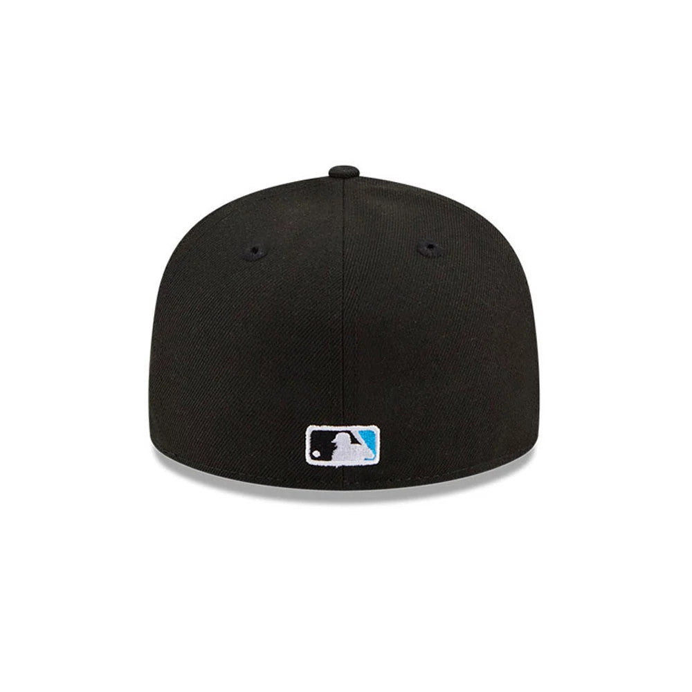 Miami Marlins MLB Hidden Hit Black New Era 59FIFTY Fitted Cap, rear view showing the white embroidered MLB Batterman logo at the centre of the black back panels, with a low-profile structured crown.
