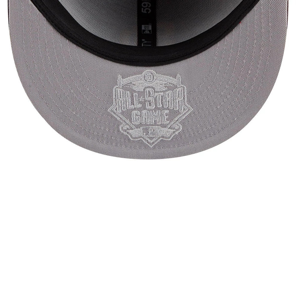 San Diego Padres MLB Hidden Hit Dark Brown New Era 59FIFTY Fitted Cap, inside view showing grey undervisor with embroidered All-Star Game logo, black sweatband with size labeling, and 59FIFTY taping across the interior.