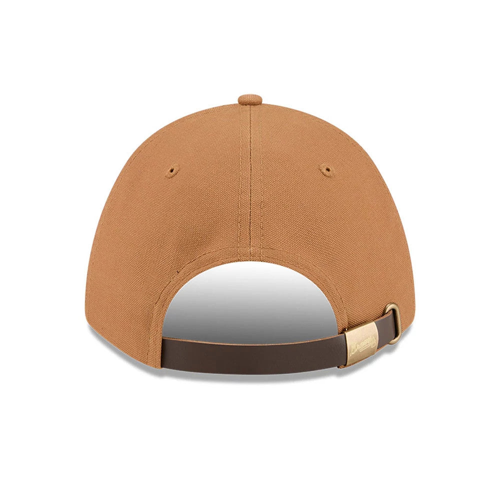 Atlanta Braves MLB Team Choice Beige New Era 9FORTY M-Crown Adjustable Cap, rear view showing the curved beige crown with eyelets and a strap closure featuring a buckle detail at the back.