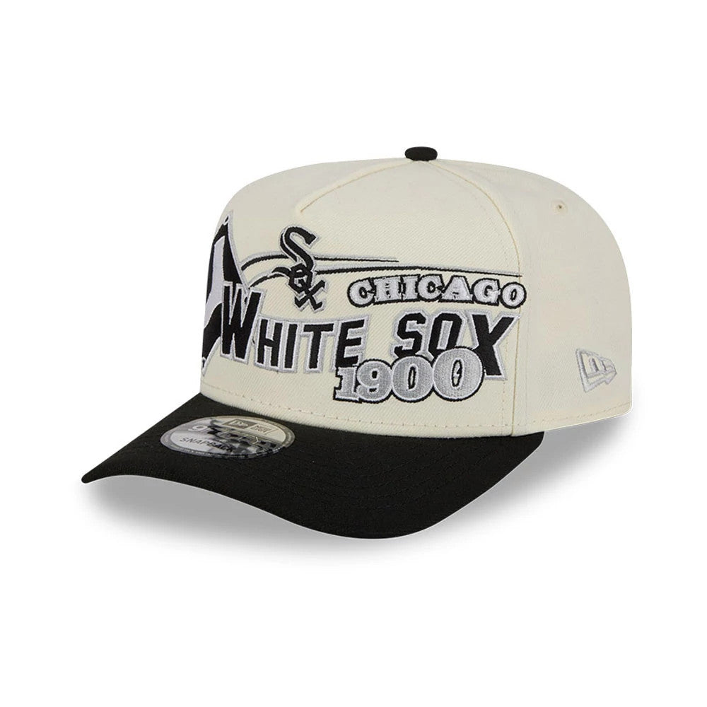 Chicago White Sox MLB Classic White New Era 9FIFTY A-Frame Snapback Adjustable Cap, three-quarter view with raised black and white embroidered team graphics on the front panel, black curved visor, and New Era flag logo on the left side.