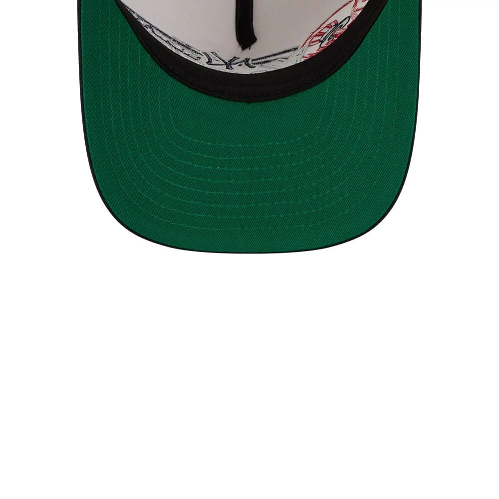 New York Yankees MLB Classic Cream New Era 9FIFTY A-Frame Snapback Adjustable Cap, inside view showing green undervisor, black sweatband, and white interior taping with printed New York Yankees script.