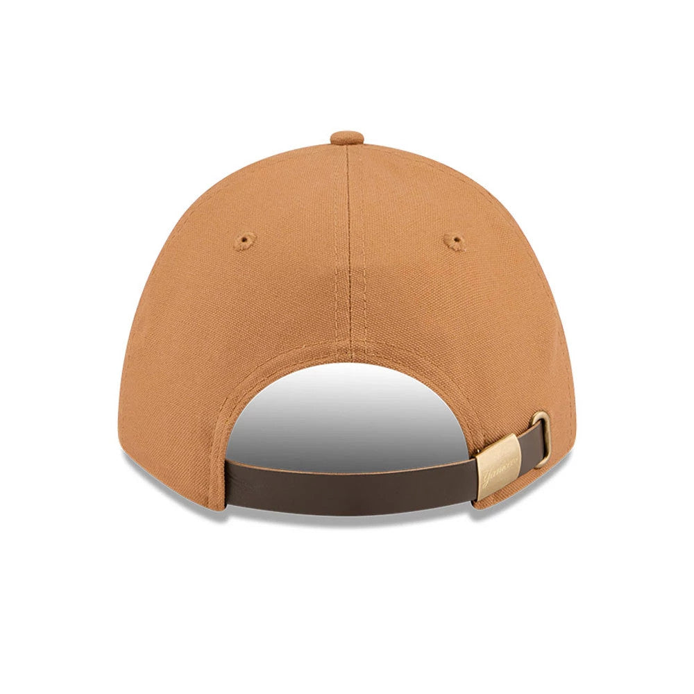 New York Yankees MLB Team Choice Beige New Era 9FORTY M-Crown Adjustable Cap, rear view showing the curved brown visor, beige structured crown, and an adjustable strap with a buckle for customised fit.
