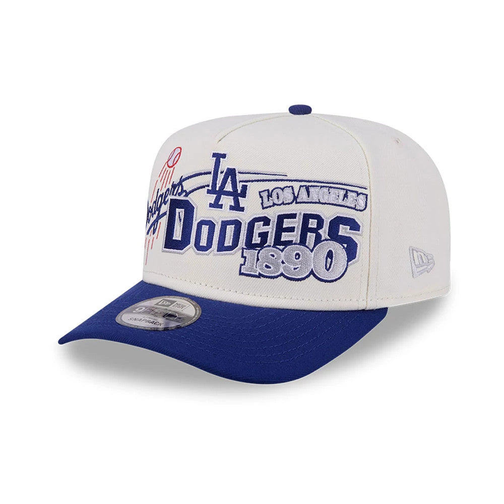 LA Dodgers MLB Classic White New Era 9FIFTY A-Frame Snapback Adjustable Cap, three-quarter view showing blue and white raised embroidery on the front panel with a grey New Era 9FIFTY size sticker on the blue visor.