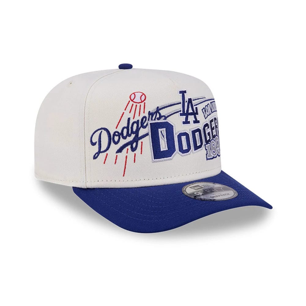 LA Dodgers MLB Classic White New Era 9FIFTY A-Frame Snapback Adjustable Cap, three-quarter view showing the red and blue Dodgers embroidery on the front panel, blue flat visor, and the grey 9FIFTY size sticker on top.