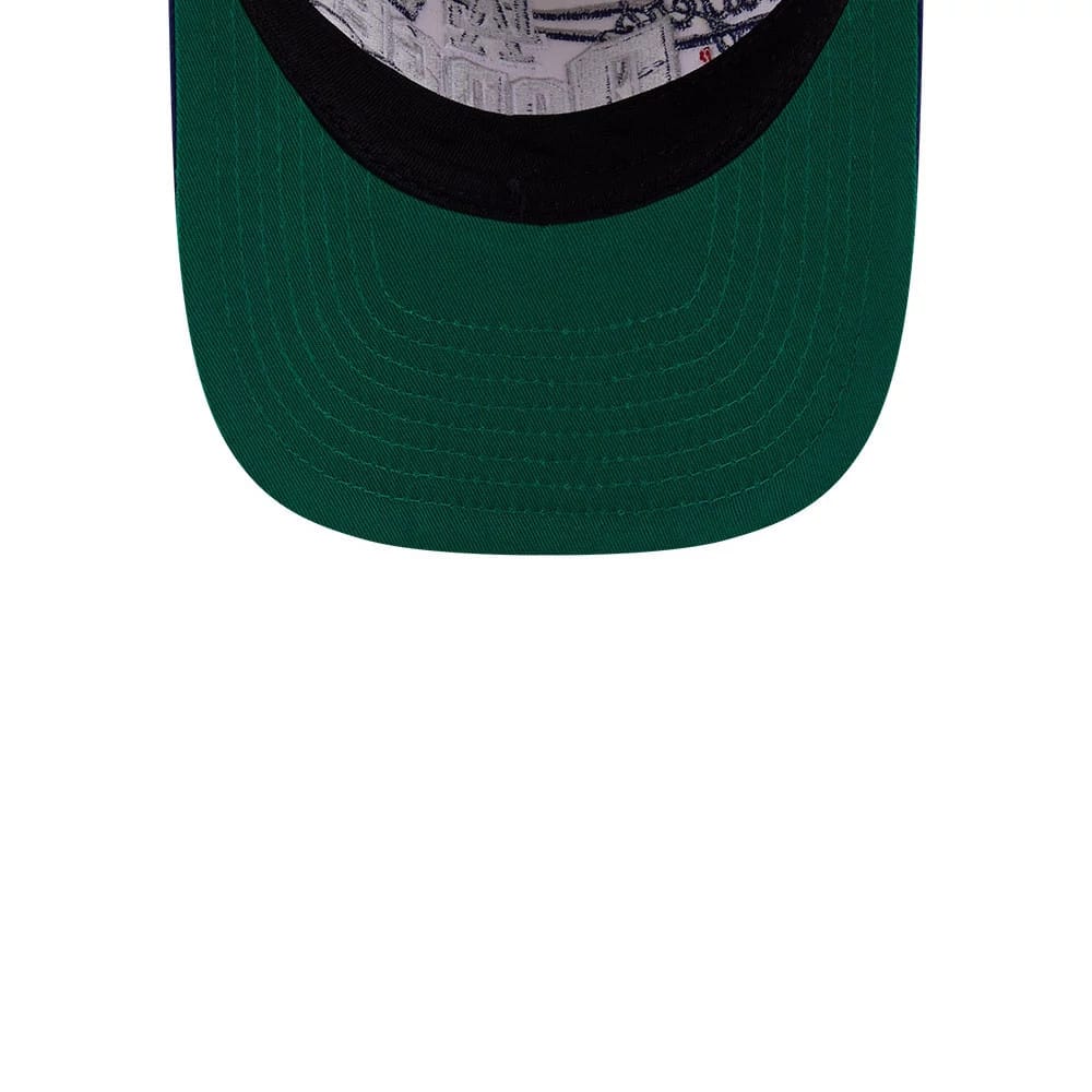 LA Dodgers MLB Classic White New Era 9FIFTY A-Frame Snapback Adjustable Cap, inside view showing the grey taping with printed graphics and a green undervisor contrasting against the black sweatband lining the interior.
