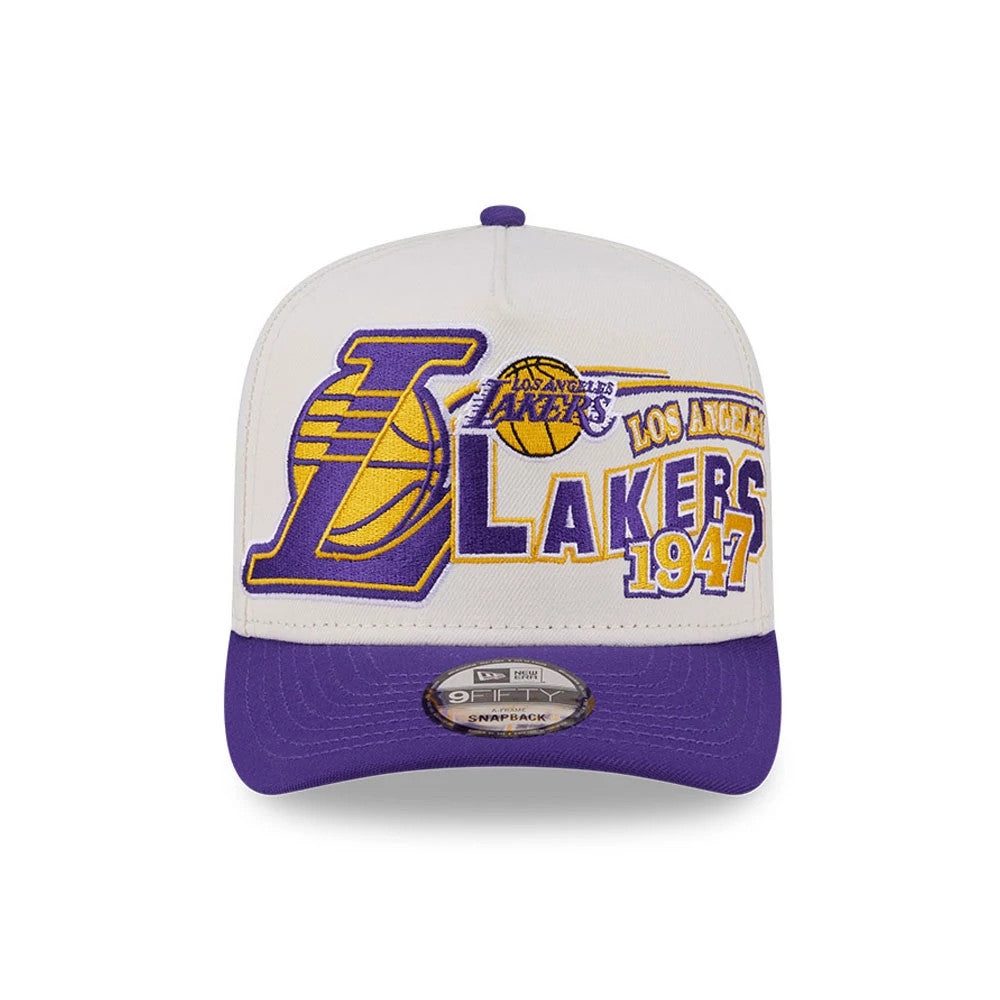LA Lakers NBA Classic White New Era 9FIFTY A-Frame Snapback Adjustable Cap, front view showing a purple and gold Lakers logo with raised embroidery on the white front panel, paired with a purple flat visor and a 9FIFTY size sticker on the visor.
