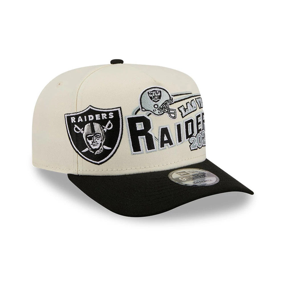 Las Vegas Raiders NFL Classic White New Era 9FIFTY A-Frame Snapback Adjustable Cap, three-quarter view showing black and silver raised embroidery of the Raiders insignia and text on the white crown, with a black flat visor and 9FIFTY size sticker.