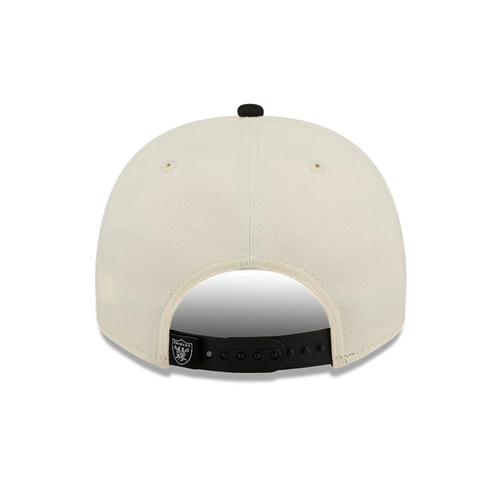 Las Vegas Raiders NFL Classic White New Era 9FIFTY A-Frame Snapback Adjustable Cap, rear view showing the small Raiders logo on the left side of the black adjustable snapback and the solid white structured crown with eyelets.