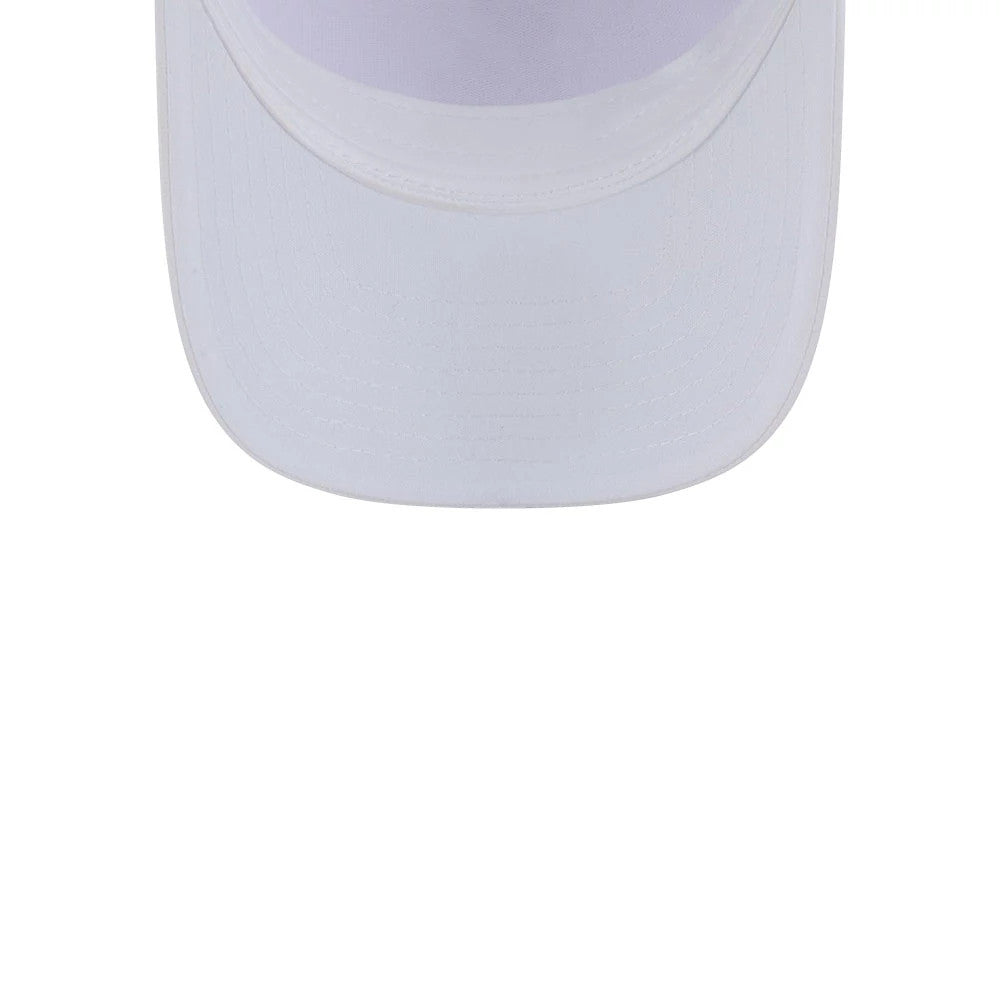 Chicago White Sox MLB Badged White New Era 9FORTY M-Crown A-Frame Trucker Cap, front view showing a curved white visor with stitching details, and a partially structured front panel.