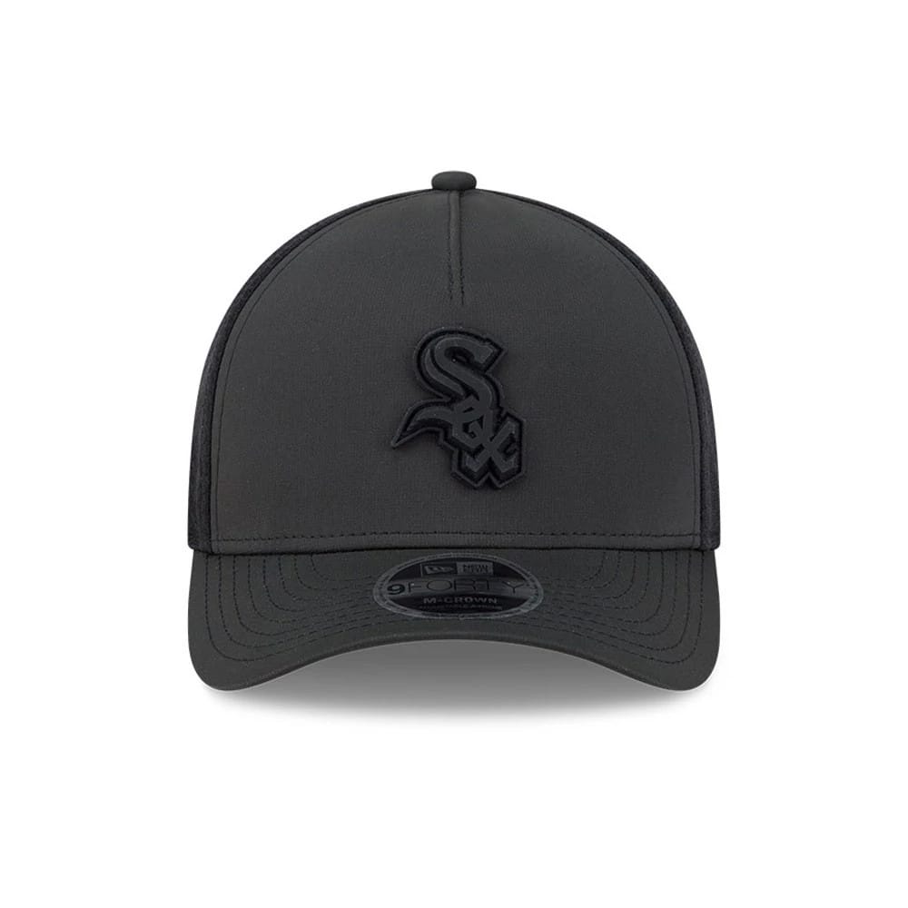 Chicago White Sox MLB Badged Black New Era 9FORTY M-Crown A-Frame Trucker Cap, front view showing the raised black embroidered Sox logo on the structured front panel with a black curved visor and 9FORTY size sticker.