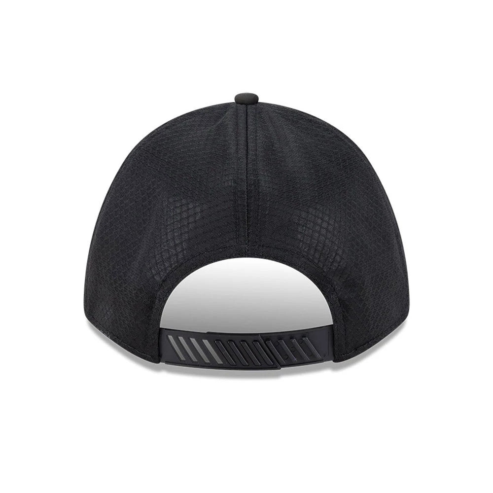 Chicago White Sox MLB Badged Black New Era 9FORTY M-Crown A-Frame Trucker Cap, rear view showing the black mesh back panels and adjustable black snap closure on the curved black visor.