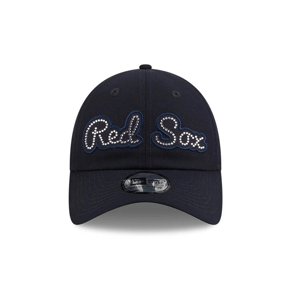 New Era Boston Red Sox MLB Rhinestone Navy Casual Classic Adjustable Cap, front view showing rhinestone-studded Red Sox lettering embroidered on the structured navy crown, with a pre-curved navy visor and New Era Casual Classic size sticker.