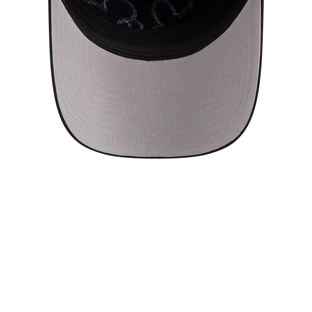 New Era Boston Red Sox MLB Rhinestone Navy Casual Classic Adjustable Cap, underside view showing a grey undervisor with a decorative pattern, complemented by the black stitching and reinforced edges.