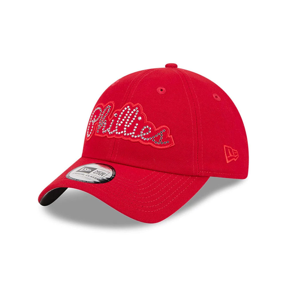 Philadelphia Phillies MLB Rhinestone Red New Era Casual Classic Adjustable Cap, front view showing rhinestone-embedded Phillies script logo in raised embroidery, red curved visor with a 9FORTY size sticker, New Era flag logo on the left side.