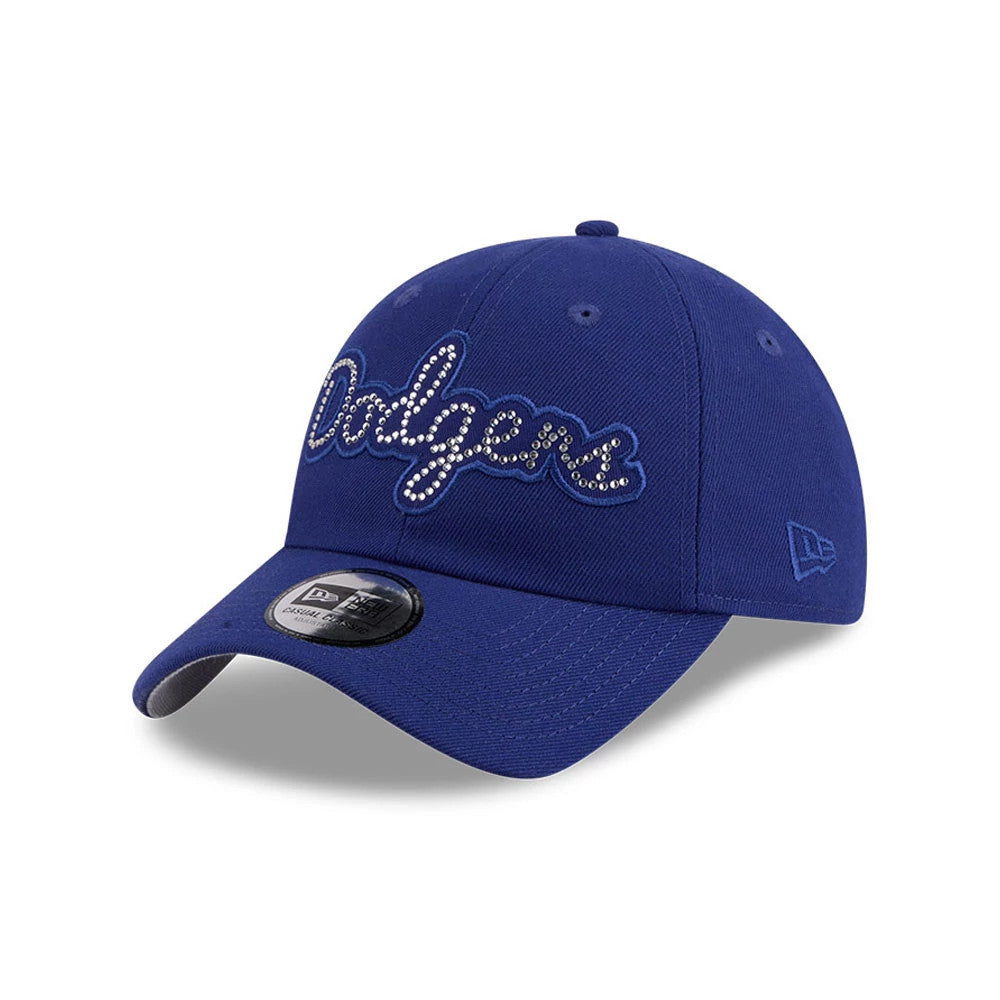 LA Dodgers MLB Rhinestone Dark Blue New Era Casual Classic Adjustable Cap, three-quarter view showing the sparkling rhinestone Dodgers script on the structured crown, a black New Era logo on the left side.