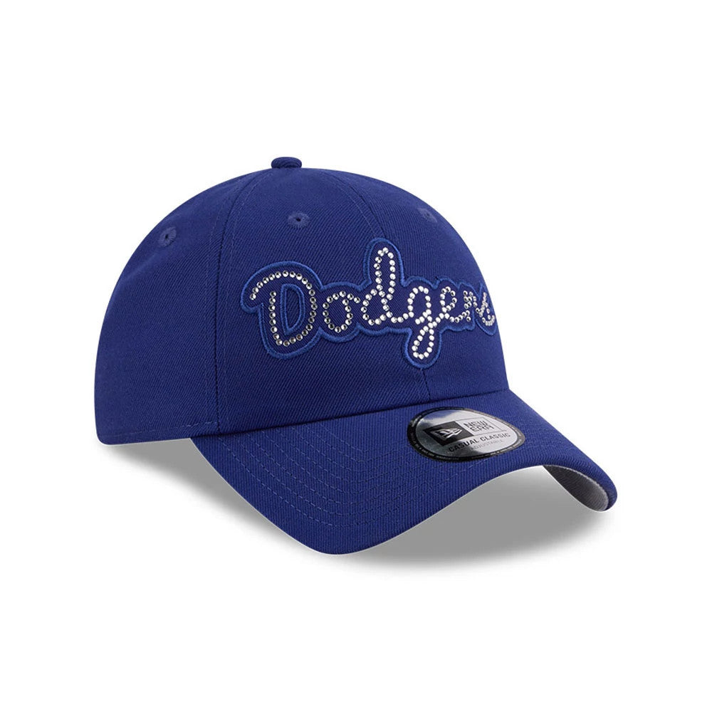 LA Dodgers MLB Rhinestone Dark Blue New Era Casual Classic Adjustable Cap, three-quarter view showing rhinestone Dodgers lettering on the front panel, a curved dark blue visor and a grey undervisor with a black Casual Classic size sticker.
