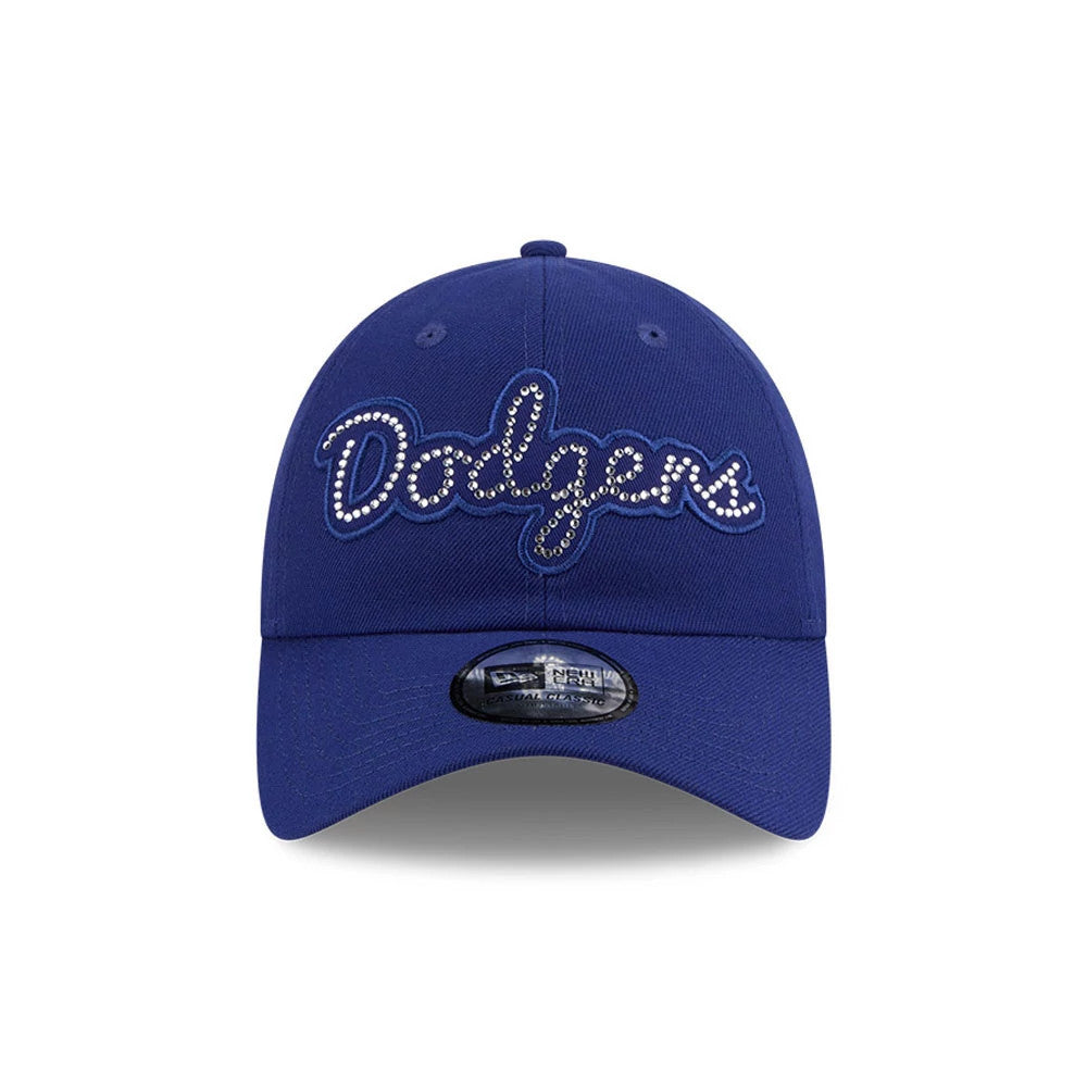 LA Dodgers MLB Rhinestone Dark Blue New Era Casual Classic Adjustable Cap, front view showing rhinestone-embellished Dodgers script logo in white on blue with a curved visor and a Casual Classic size sticker on the centre of the visor.