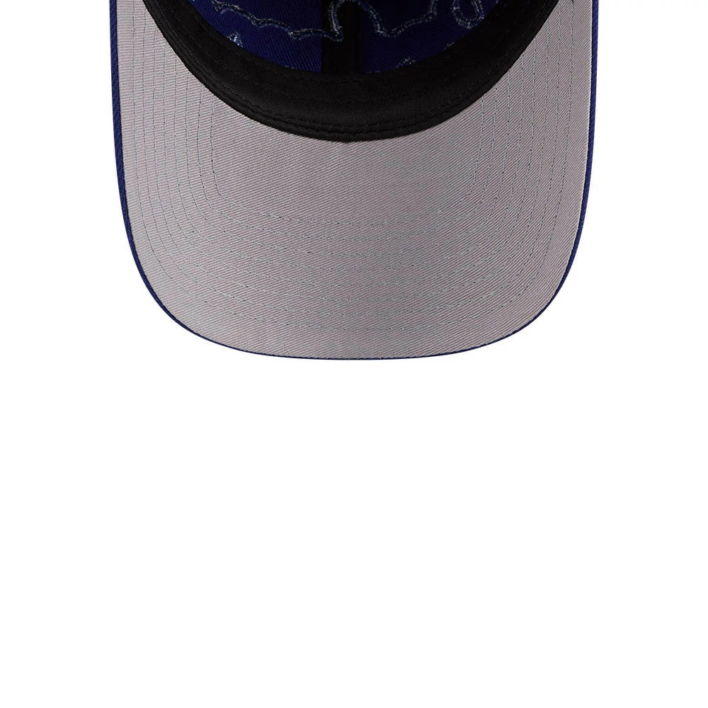 LA Dodgers MLB Rhinestone Dark Blue New Era Casual Classic Adjustable Cap, inside view showing grey undervisor with contrasting stitching, black sweatband and dark blue interior taping.