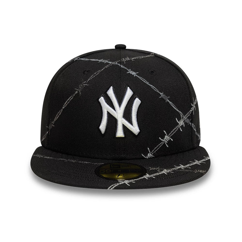 New York Yankees MLB Wire Black New Era 59FIFTY Fitted Cap, front view showing the raised white NY logo on the front panel with barbed wire embroidery across the structured black crown and flat visor.