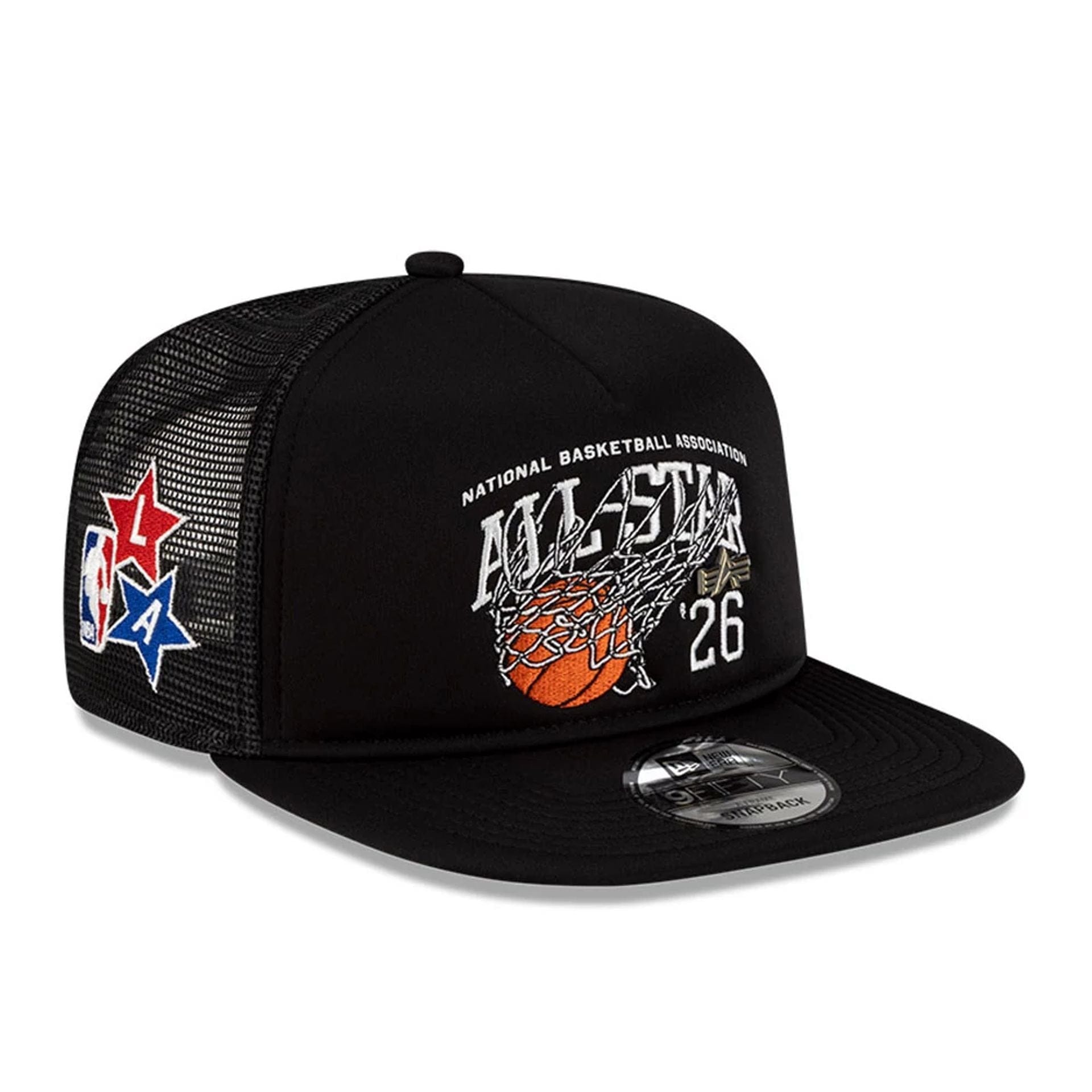 Pictured is this NBA X Alpha NBA All Star Game 9FIFTY A-Frame Trucker cap in black. 1