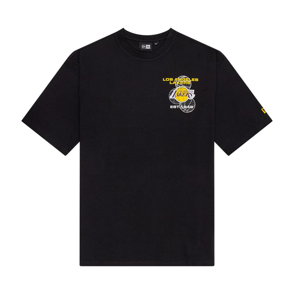 New Era LA Lakers NBA Basketball Heritage Graphic Black Oversized T-Shirt, front view showing the colourful graphic with LA Lakers text and logo on the left chest, and a small embroidered New Era logo on the left sleeve.
