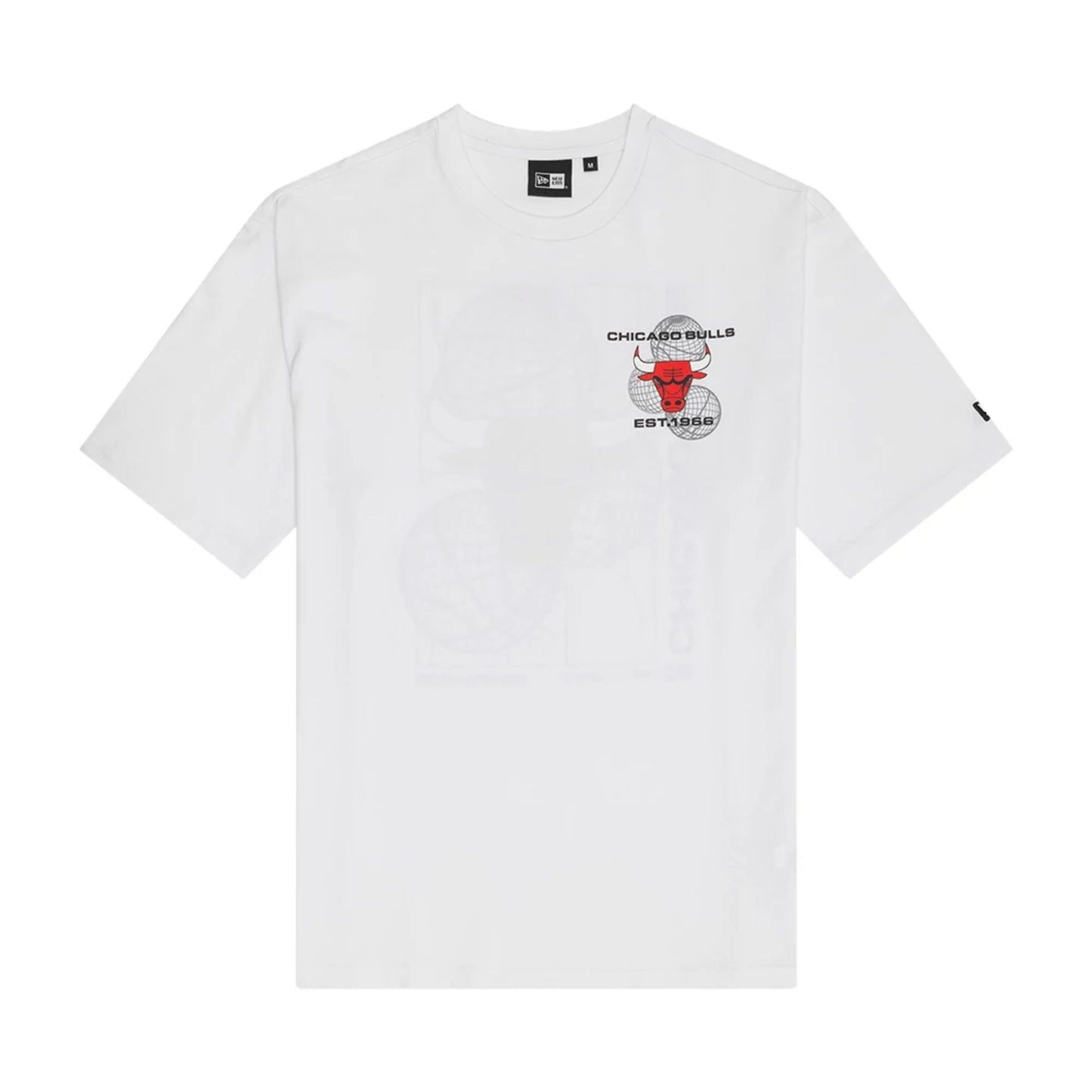 New Era Chicago Bulls NBA Heritage Script White Oversized T-Shirt, front view showing the red and black embroidered Bulls logo with Chicago Bulls Est. 1966 text, set against the white background with a graphic print beneath.
