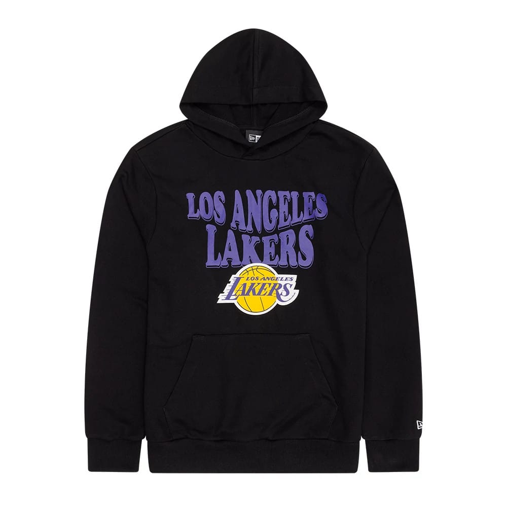 New Era LA Lakers NBA Wordmark Black Pullover Hoodie, front view showing the purple Los Angeles Lakers lettering across the chest with the yellow and purple Lakers logo below, and an embroidered New Era logo on the sleeve cuff.
