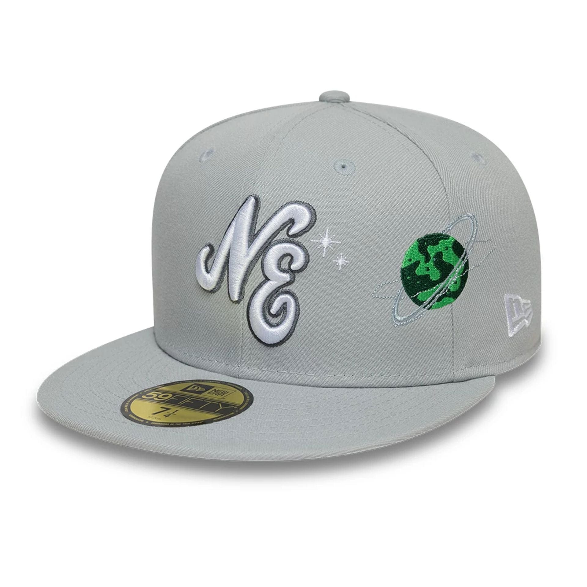 This is a New Era Planet Icon Grey 59FIFTY Fitted Cap 1