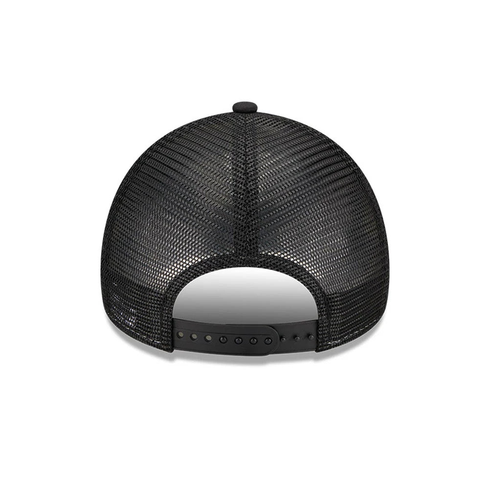 Hey Arnold Graphic Black New Era 9FORTY A-Frame Trucker Adjustable Cap, rear view showing the mesh back panels and the adjustable snap closure, with a black top button centred on the structured black crown.