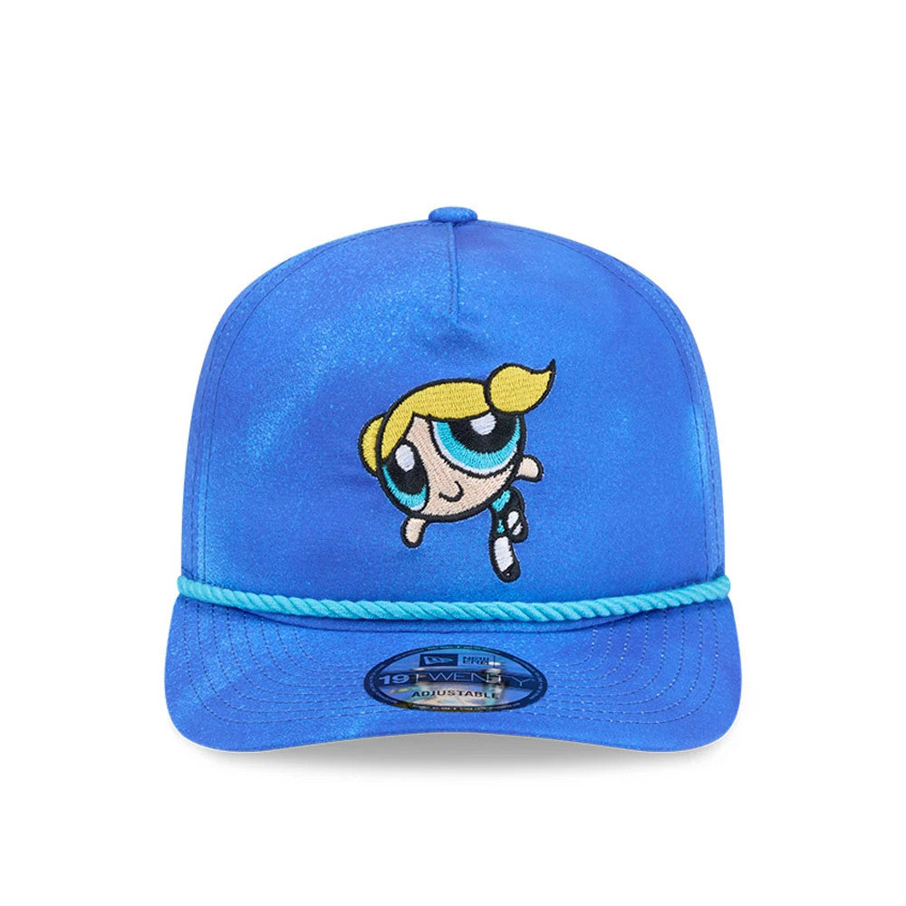 Power Puff Girls Bubbles Bright Blue New Era 19TWENTY Adjustable Cap, front view showing the embroidered Bubbles character on the structured crown, with a matching blue rope detail on the curved visor and a 19TWENTY size sticker.