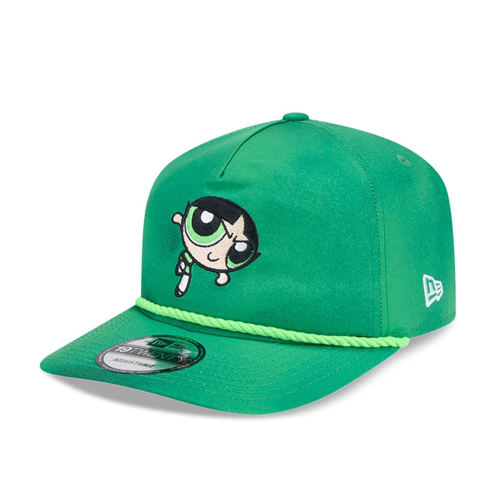 Power Puff Girls Buttercup Bright Green New Era 19TWENTY Adjustable Cap, front view showing a raised embroidered Buttercup graphic on the front panel, with a bright green visor, matching rope detail, and 19TWENTY size sticker.