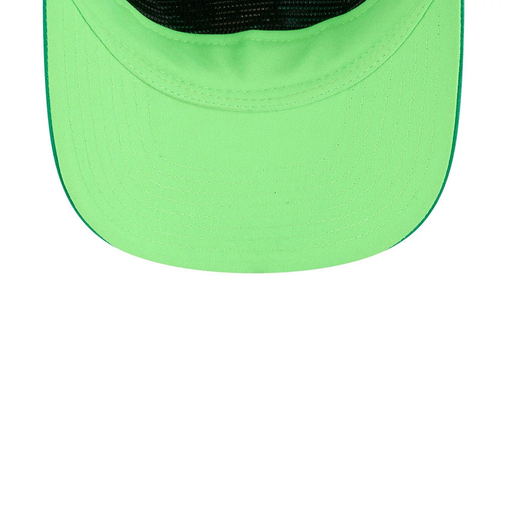 Power Puff Girls Buttercup Bright Green New Era 19TWENTY Adjustable Cap, inside view showing the black mesh sweatband and the bright green undervisor against the green upper fabric.