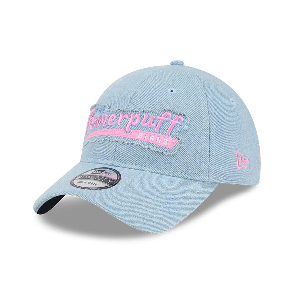 Power Puff Girls Wordmark Open Blue New Era 9TWENTY Adjustable Cap, three-quarter view showing pink embroidered Powerpuff Girls lettering on the front panel, with a curved visor and 9TWENTY size sticker.