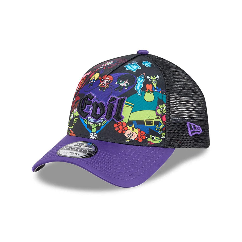 Power Puff Girls Black New Era 9FORTY A-Frame Trucker Adjustable Cap, three-quarter view with cartoon graphics on the front panel, purple embroidered Evil text, purple curved visor and a 9FORTY size sticker.