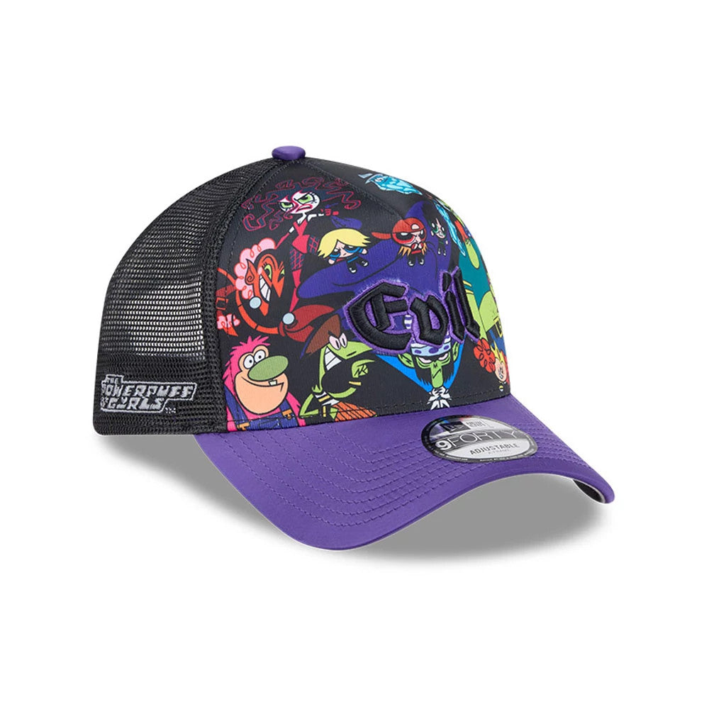 Power Puff Girls Black New Era 9FORTY A-Frame Trucker Adjustable Cap, three-quarter view with multicoloured character graphics on front panels, purple raised embroidery, purple visor, and 9FORTY size sticker.