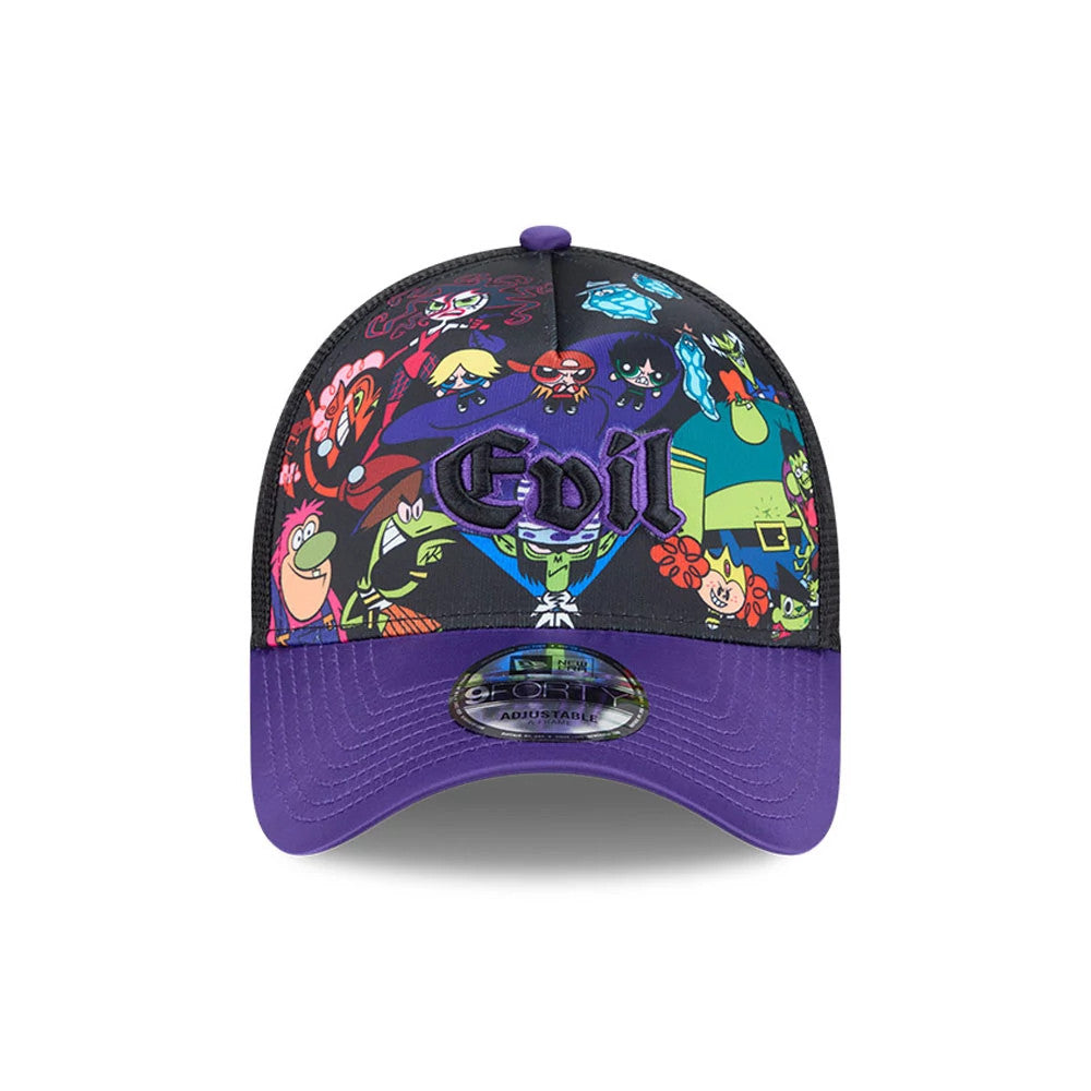 Power Puff Girls Black New Era 9FORTY A-Frame Trucker Adjustable Cap, front view featuring cartoon characters on the front panel, raised purple Evil embroidery, purple curved visor, and a 9FORTY size sticker.