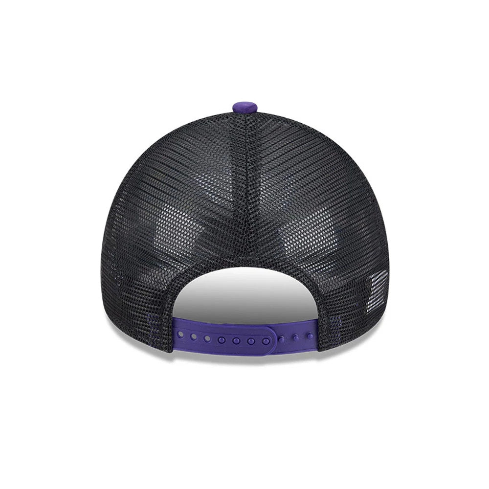 Power Puff Girls Black New Era 9FORTY A-Frame Trucker Adjustable Cap, rear view showing black mesh back panels with a purple top button and matching snap closure strap, no branding or logos.