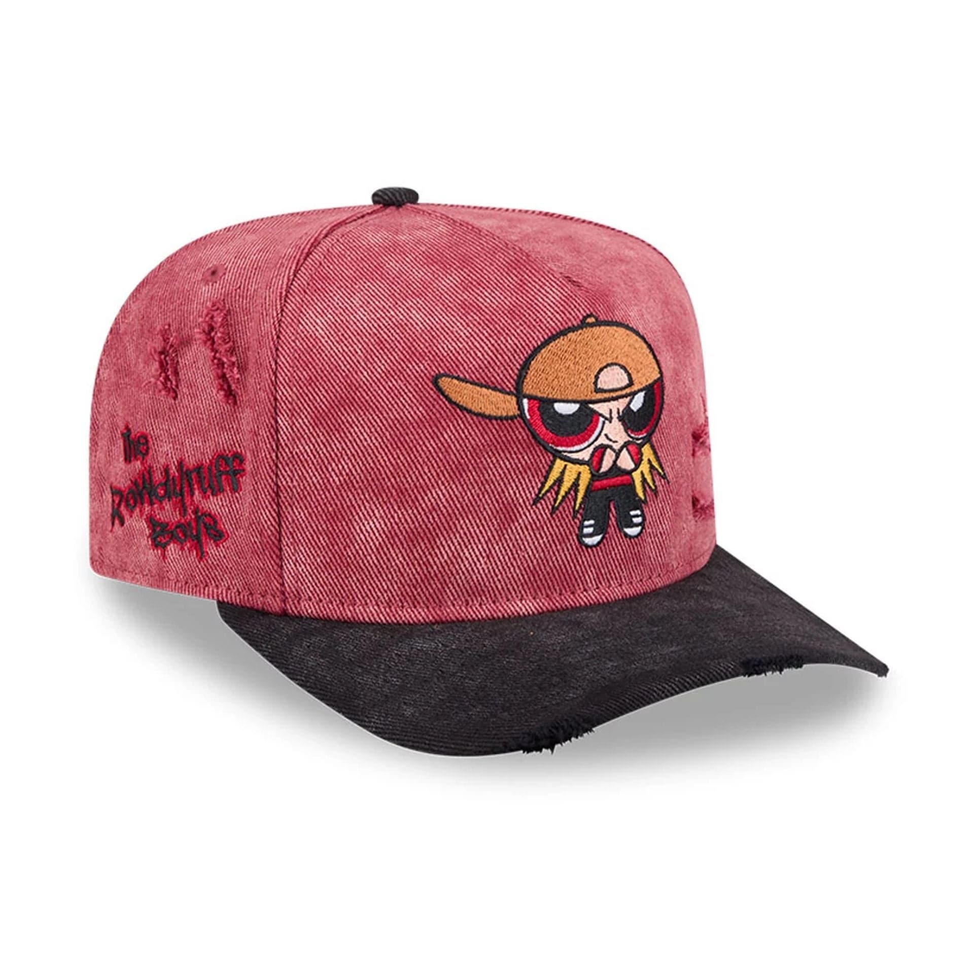 Pictured is this Rowdyruff Boys Brick Power Puff Girls 9FIFTY A-Frame Snapback cap in open red. 1