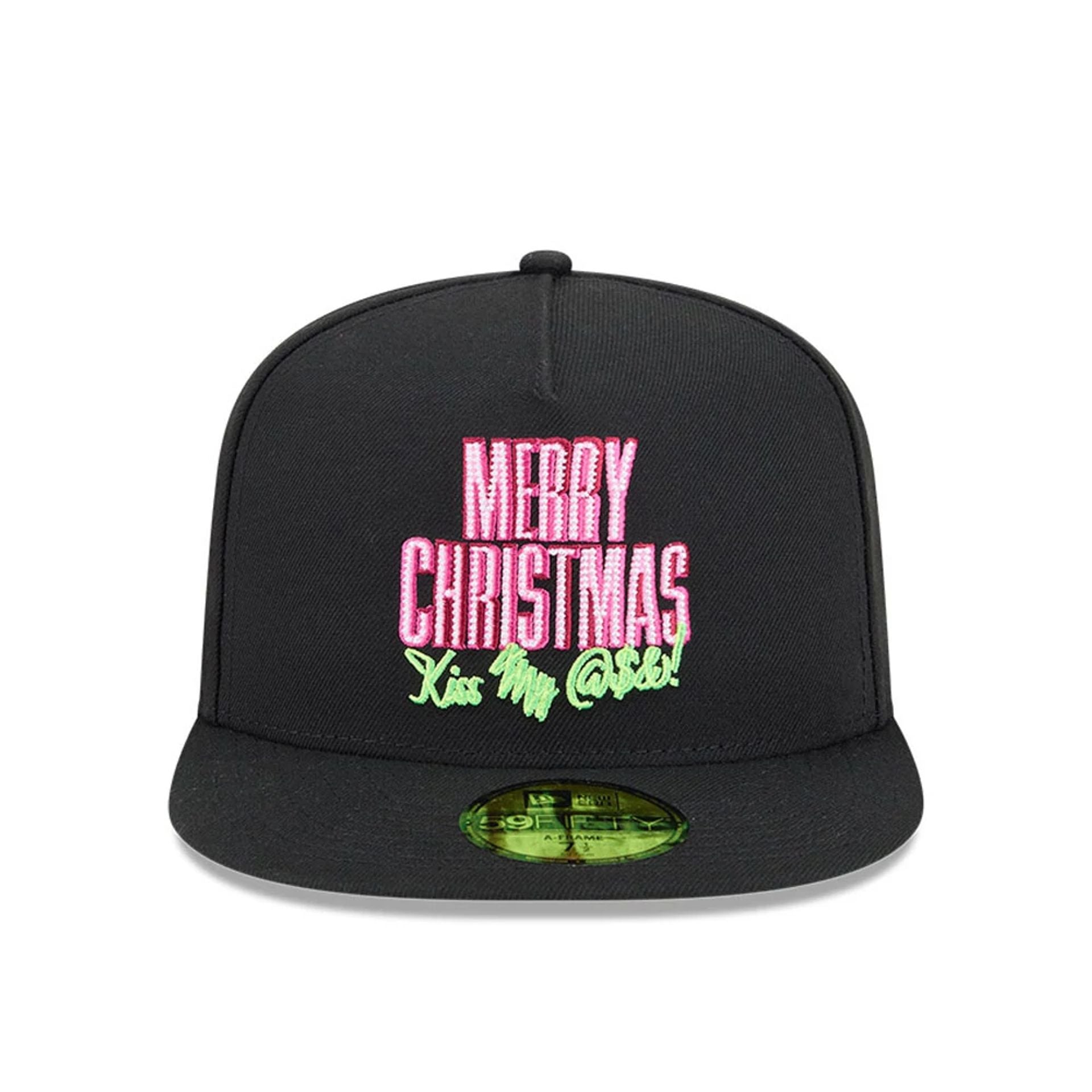 Pictured is this Merry Christmas National Lampoons Christmas Vacation 59FIFTY A-Frame Fitted cap in black. 2