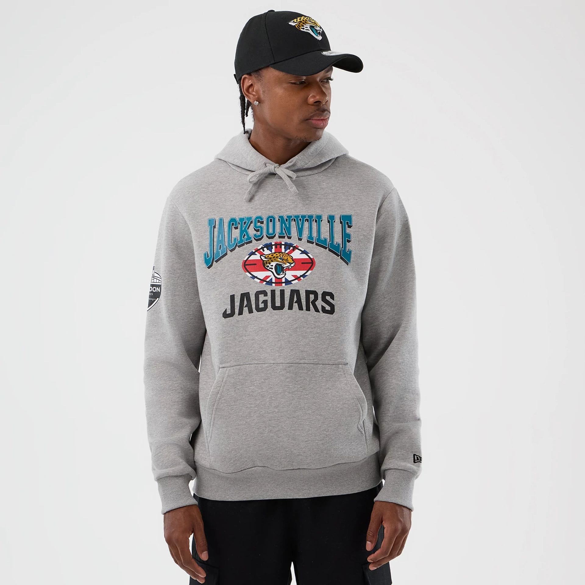 The Male model is wearing Jacksonville Jaguars NFL International Series Games Grey Pullover Hoodie 1