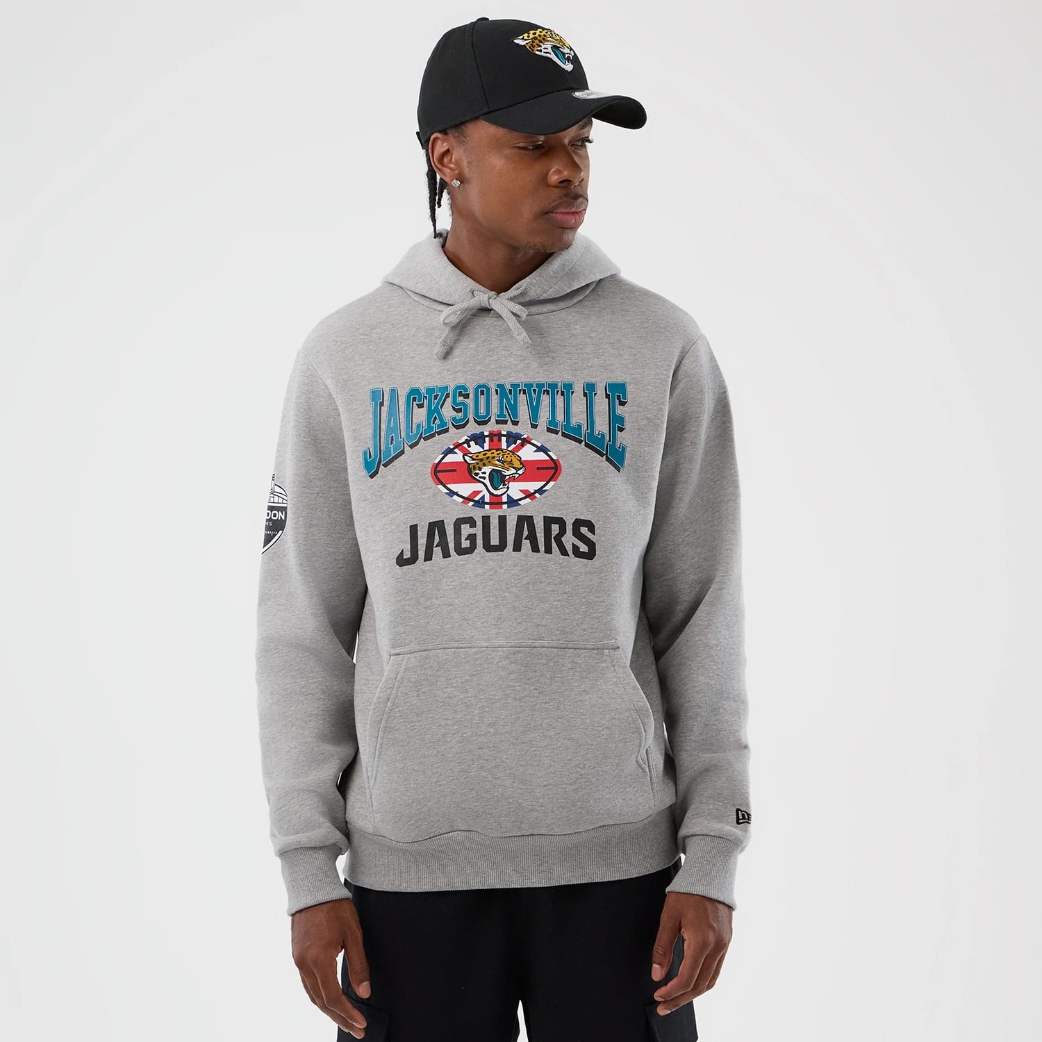 The Male model is wearing Jacksonville Jaguars NFL International Series Games Grey Pullover Hoodie 1