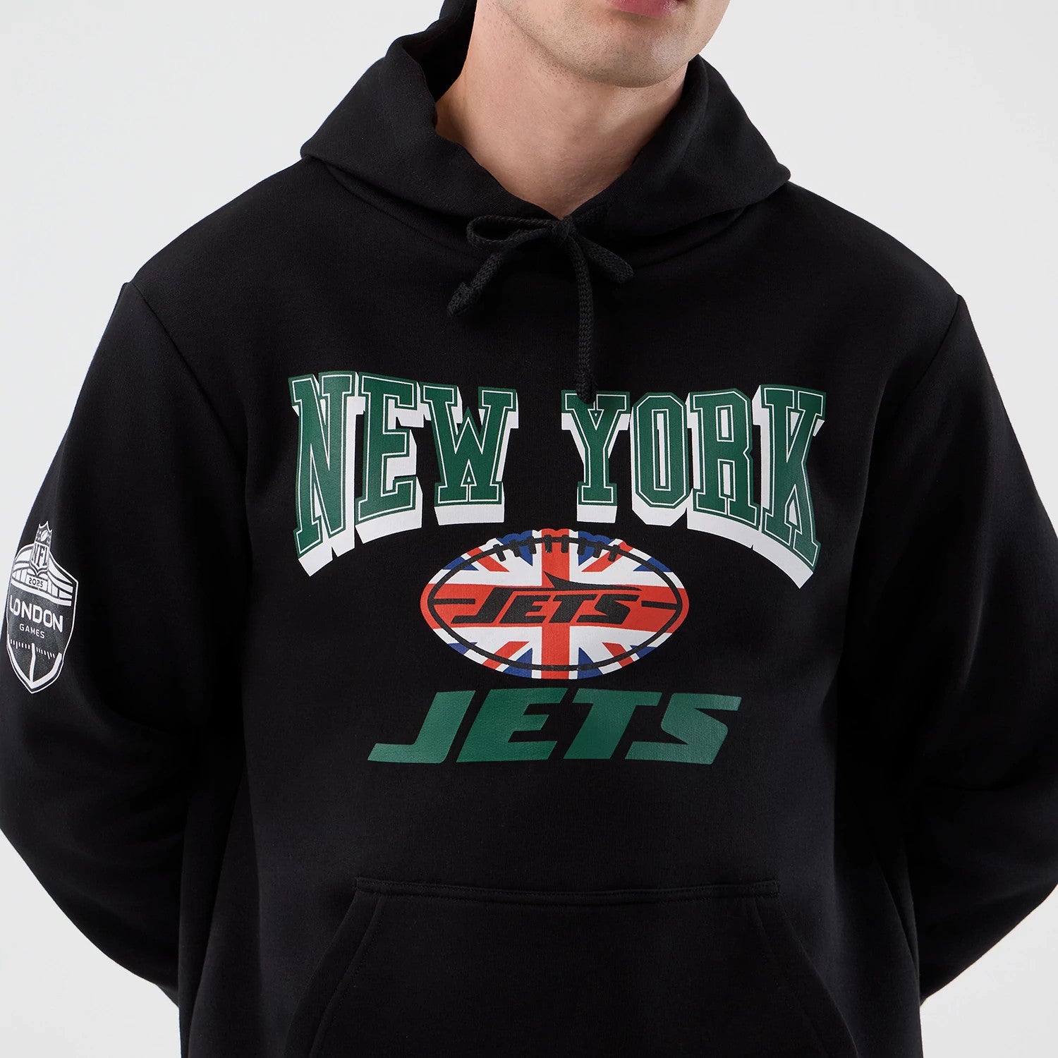 The Male model is wearing New York Jets NFL International Series Games Black Pullover Hoodie 3