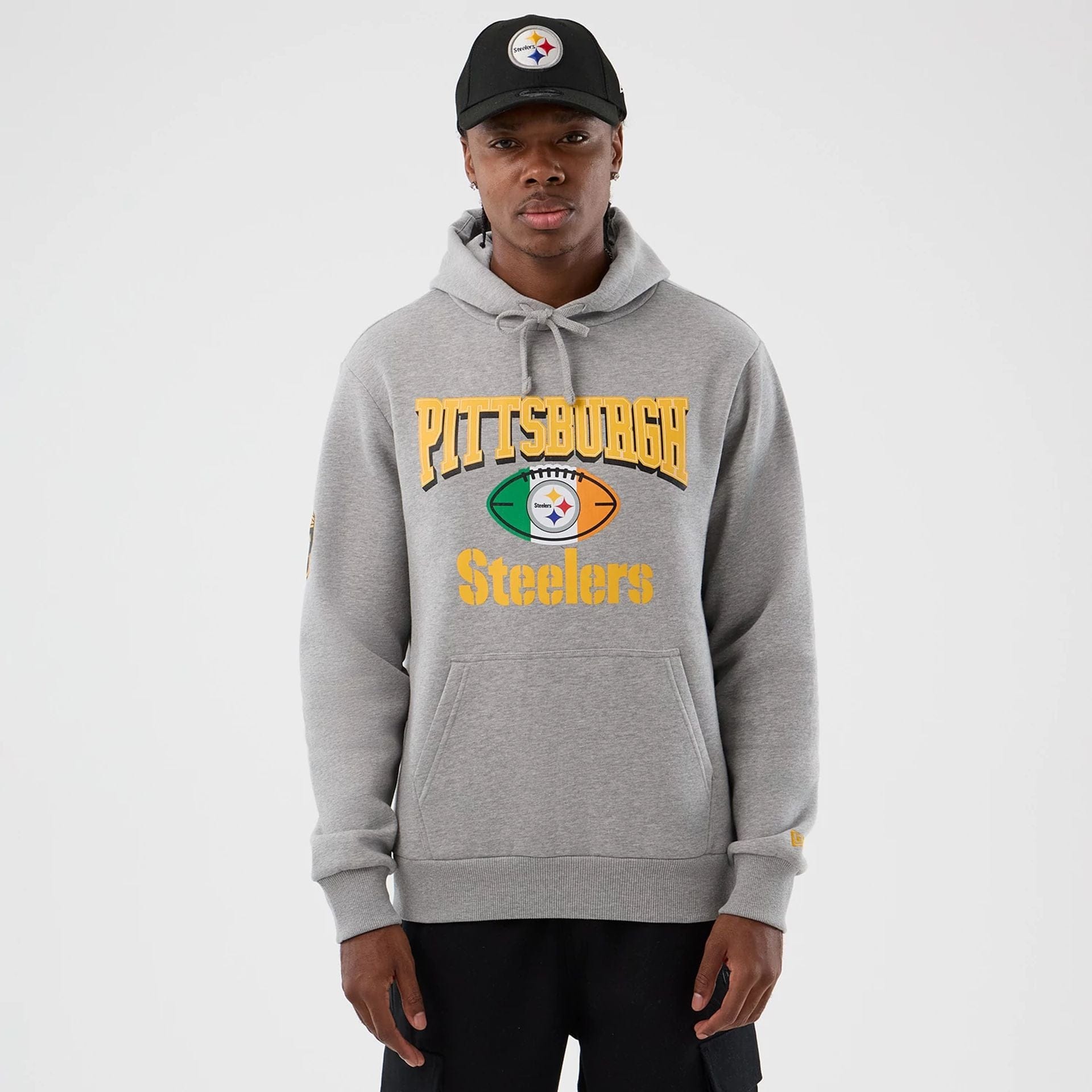 The Male model is wearing Pittsburgh Steelers NFL International Series Games Grey Pullover Hoodie 1