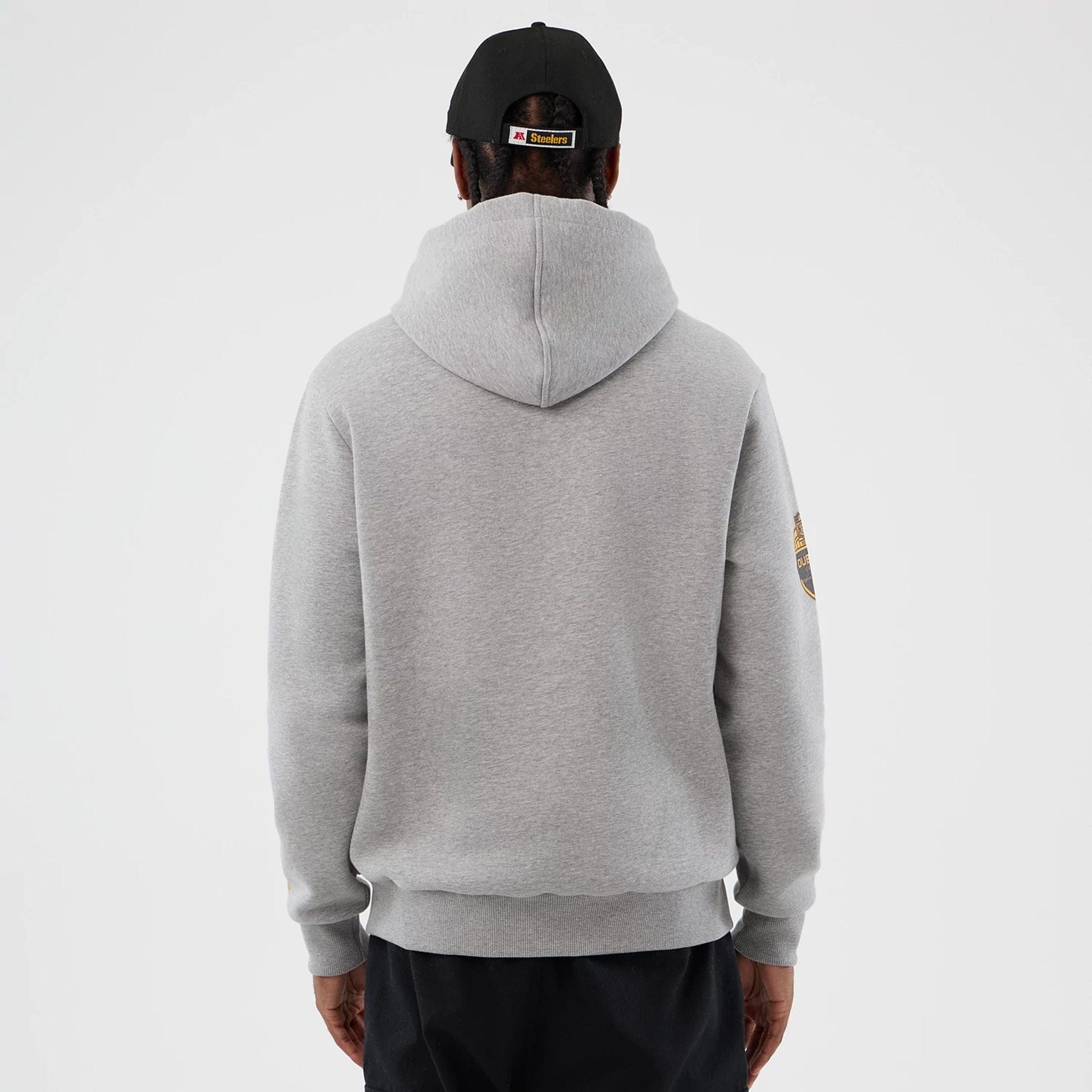 The Male model is wearing Pittsburgh Steelers NFL International Series Games Grey Pullover Hoodie 2