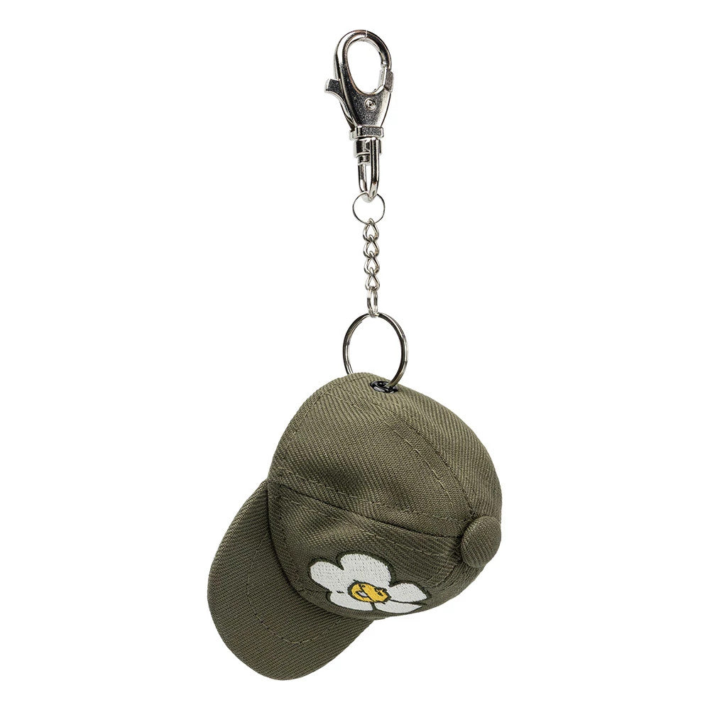 New Era x Rodrigo Roji Flower Green Mini 59FIFTY Fitted Cap, side view showing a white embroidered flower on the olive green crown, with a small round top button and attached to a silver keychain clip.