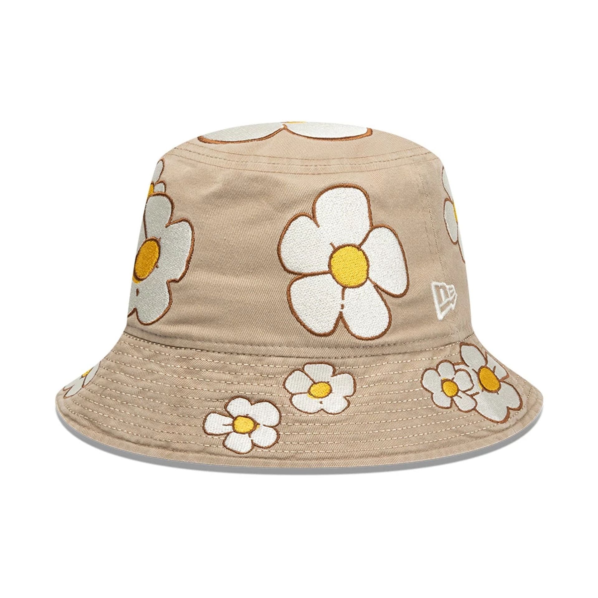 This is a New Era x Rodrigo Roji Flowers Light Beige Bucket Hat 1